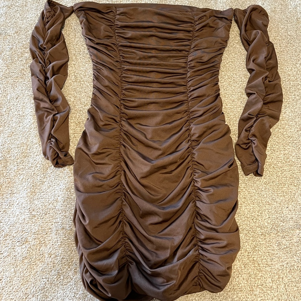 SHEIN Brown Off-Shoulder Ruched Sleeve Dress